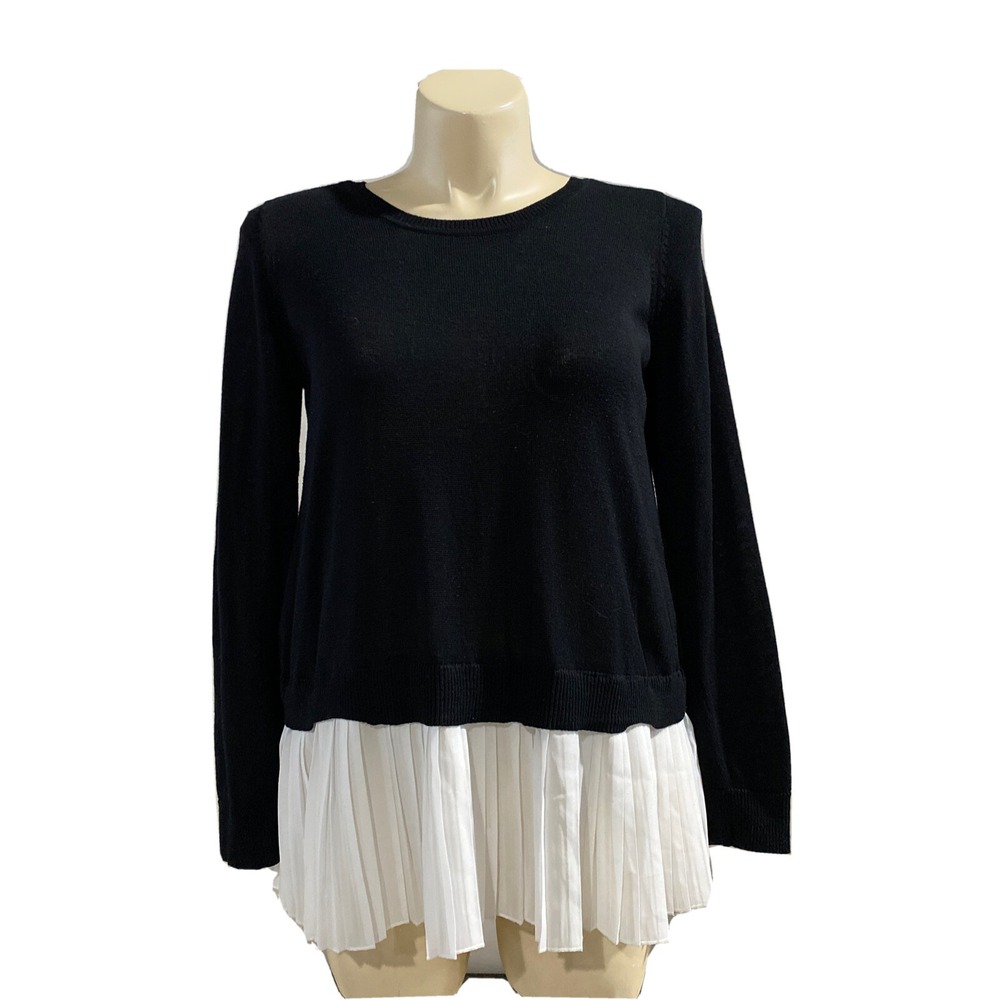 Fever Sweater LARGE Black Knit Surplice White Accordion Pleat Layer Look Top